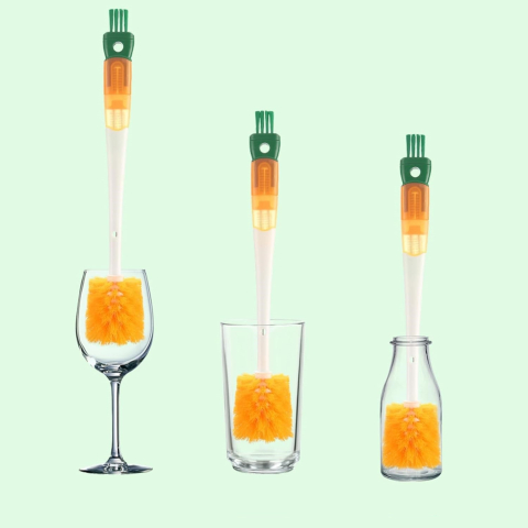 Perie multifunctionala 5 in 1 pentru curatat pahare, cani si sticle, cu maner lung, portocaliu-alb [3]