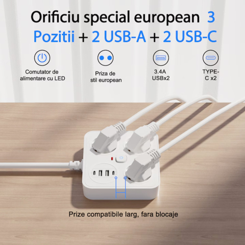 Prelungitor multifunctional pentru birou, 3 prize Schuko, 2 USB-A, 2 USB-C, suport telefon, cablu 2 m, alb [1]