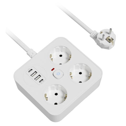 Smart Home & Gadget-uri - Prelungitor multifunctional pentru birou, 3 prize Schuko, 2 USB-A, 2 USB-C, suport telefon, cablu 2 m, alb
