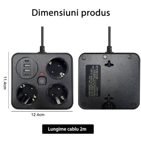 Prelungitor multifunctional pentru birou, 3 prize Schuko, 2 USB-A, 2 USB-C, suport telefon, cablu 2 m, negru [5]