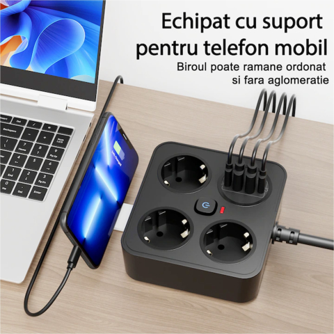 Prelungitor multifunctional pentru birou, 3 prize Schuko, 2 USB-A, 2 USB-C, suport telefon, cablu 2 m, negru [4]