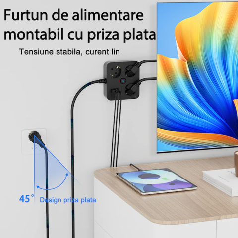 Prelungitor multifunctional pentru birou, 3 prize Schuko, 2 USB-A, 2 USB-C, suport telefon, cablu 2 m, negru [1]