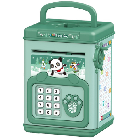 Jocuri Educative - Pusculita pentru copii, tip ATM, cu parola si amprenta, din plastic, 20x13.5x11.5 cm, verde