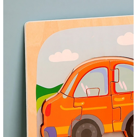 Puzzle Montessori din lemn, model masina 3D, 5 piese, multicolor [2]