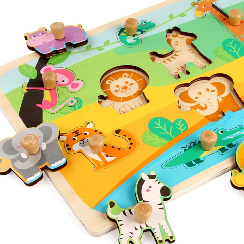 Puzzle Montessori din lemn pentru copii, model animale din jungla, 9 piese, multicolor [2]