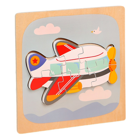 Copii & Jucarii - Puzzle Montessori din lemn pentru copii, model avion 3D, 6 piese, multicolor