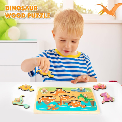 Puzzle Montessori din lemn pentru copii, model Dinozauri, 8 piese, multicolor [2]