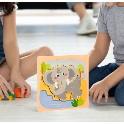 Puzzle Montessori din lemn pentru copii, model Elefant 3D, 4 piese, multicolor [4]