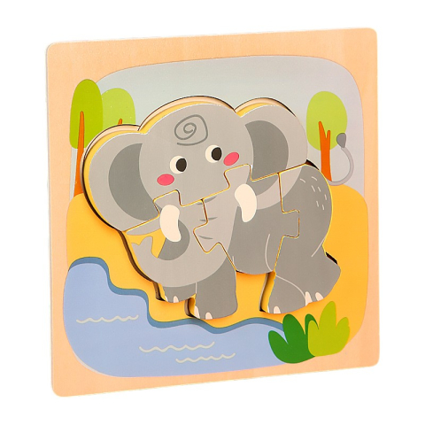 Copii & Jucarii - Puzzle Montessori din lemn pentru copii, model Elefant 3D, 4 piese, multicolor