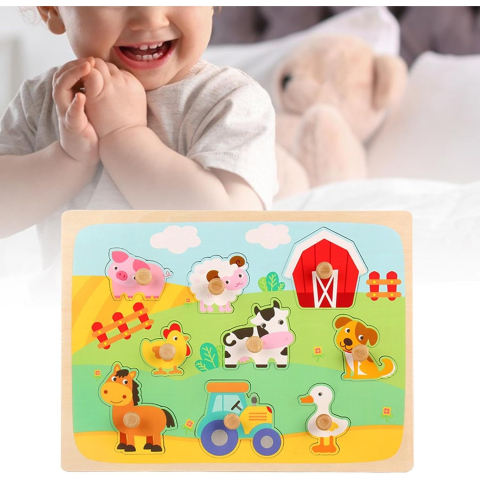 Puzzle Montessori din lemn pentru copii, model Ferma, 9 piese, multicolor [4]