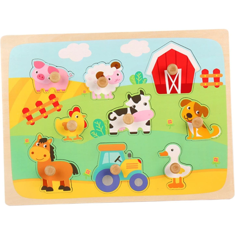 Puzzle Montessori din lemn pentru copii, model Ferma, 9 piese, multicolor [1]