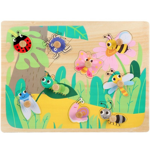 Copii & Jucarii - Puzzle Montessori din lemn pentru copii, model insecte, 9 piese, 30x22.5x0.8 cm