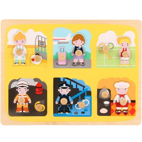 Copii & Jucarii - Puzzle Montessori din lemn pentru copii, model profesii, 6 piese, multicolor