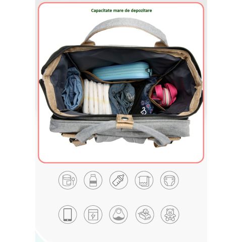 Rucsac multifunctional pentru mamici, cu patut pliabil, baza de schimbat, buzunar termic, 42x32x22 cm, gri [7]