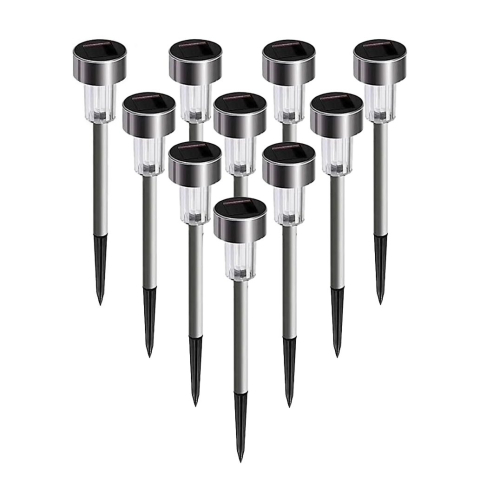 Iluminat Exterior - Set 10 lampi solare LED pentru gradina, lumina alb cald, buton on-off, argintiu lucios