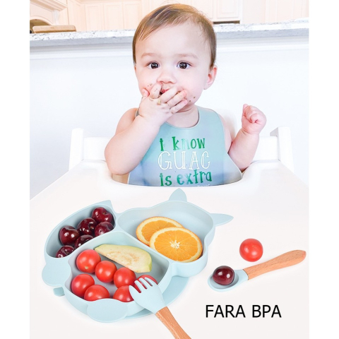 set 10 piese hranire bebelusi bol farfurie ventuza tacamuri lemn silicon baby blue [1]