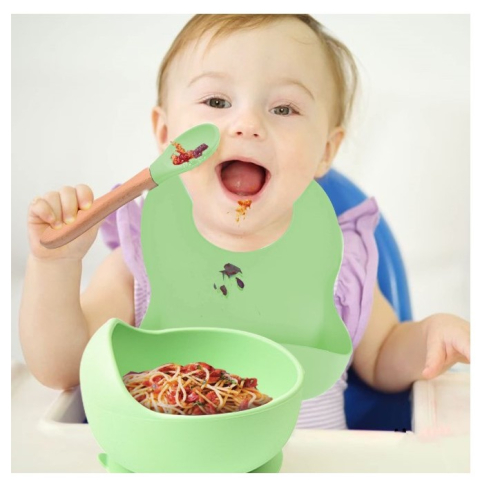 set 10 piese hranire bebelusi bol farfurie ventuza tacamuri lemn silicon verde [2]