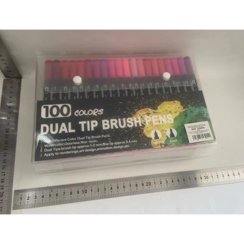 Set 100 carioci cu dublu varf, cerneala pe baza de apa, corp plastic negru, multicolor [5]
