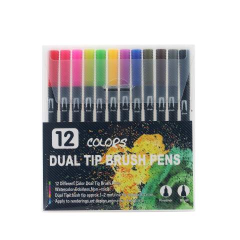 Markere si Seturi Desen/Pictura - Set 12 carioci cu dublu varf, cerneala pe baza de apa, corp plastic negru, multicolor