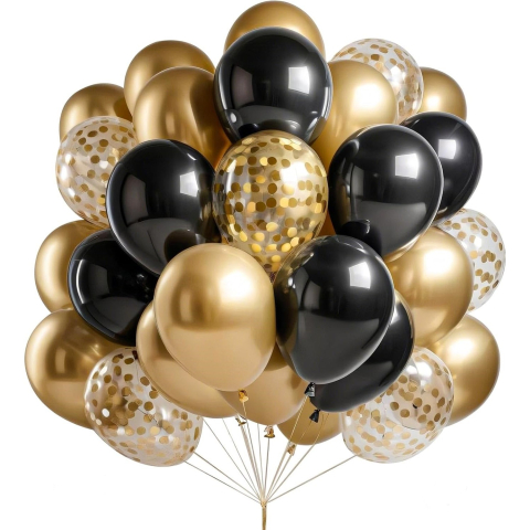 Baloane de Sapun - Set 16 baloane din latex, model Party, 30 cm, auriu si negru cu confetti