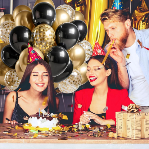 Set 16 baloane din latex, model Party, 30 cm, auriu si negru cu confetti [2]