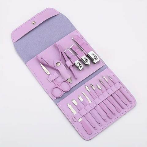 set 16 piese ingrijire cosmetica manichiura pedichiura geanta piele ecologica mov [1]