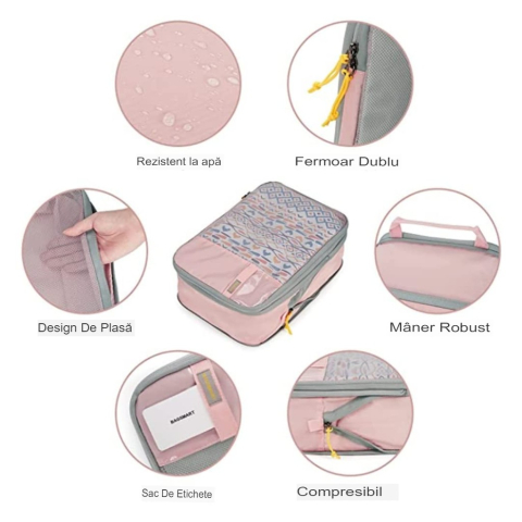 Set 3 genti de calatorie, compresibile si impermeabile, cu fermoar dublu, roz [10]