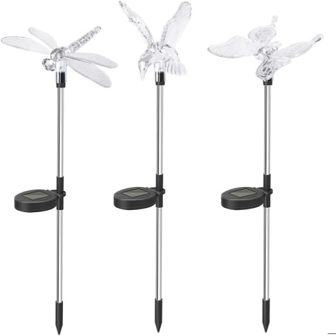 Iluminat Exterior - Set 3 lampi solare decorative, modele pasare-fluture-libelula, multicolor, plastic