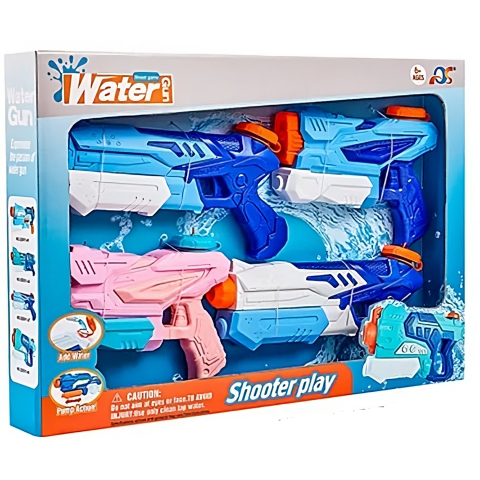 Lansatoare si Pistoale de Jucarie (Spuma / Gel) - Set 4 pistoale cu apa pentru copii, capacitate 300 ml, culori albastru si roz, varsta 6 ani+