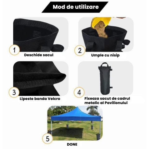 Set 4 saci ancorare cort, cu buzunar, poliester Oxford, 45x20x20 cm, negru [5]