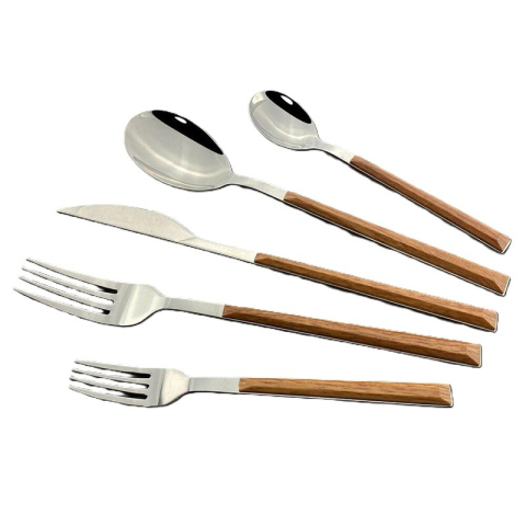 Organizare & Depozitare - Set 5 tacamuri, otel inoxidabil cu maner aspect lemn, maro