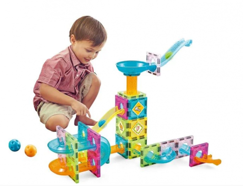 Joaca in grup - Set 64 cuburi magnetice pentru constructii, cutie pastrare, Joc Creativ si Educational pentru Copii