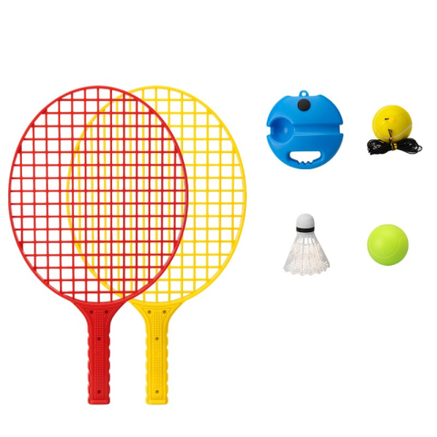 Lansatoare si Pistoale de Jucarie (Spuma / Gel) - Set badminton pentru copii, doua palete cu fluturas, minge cu elastic pentru antrenament, 40.5x23 cm, rosu galben