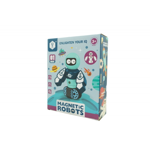 Jucarii Magnetice - Set blocuri magnetice pentru copii, 7 piese, cutie depozitare, robotel albastru