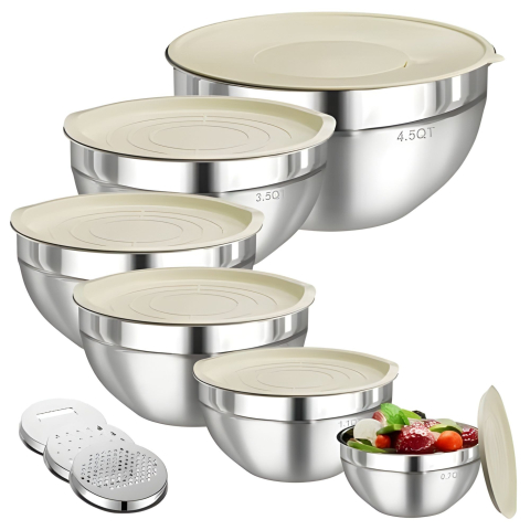 Bucatarie & Gatit - Set boluri inox pentru mixare si depozitare, 6 piese, capace ermetice, accesorii razuire, design nestable
