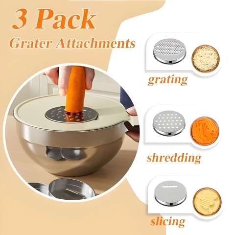 Set boluri inox pentru mixare si depozitare, 6 piese, capace ermetice, accesorii razuire, design nestable [2]