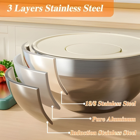 Set boluri inox pentru mixare si depozitare, 6 piese, capace ermetice, accesorii razuire, design nestable [5]