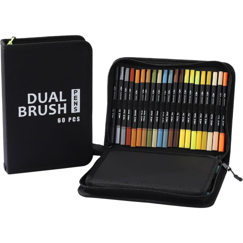 Markere si Seturi Desen/Pictura - Set carioci 2 in 1, 60 culori vibrante, penar negru, corp plastic
