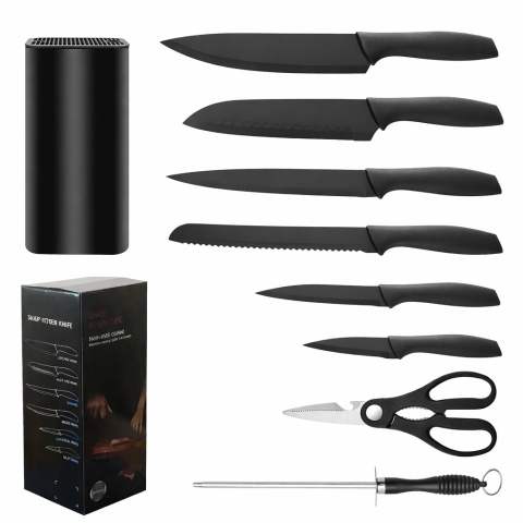 Bucatarie & Gatit - Set cutite bucatarie, 9 piese, otel inoxidabil cu acoperire antiaderenta, suport depozitare inclus