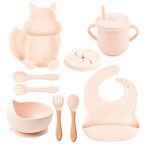 Jucarii Bebe - Set hranire bebelusi, 10 piese silicon si lemn, farfurie si bol cu ventuza, roz deschis