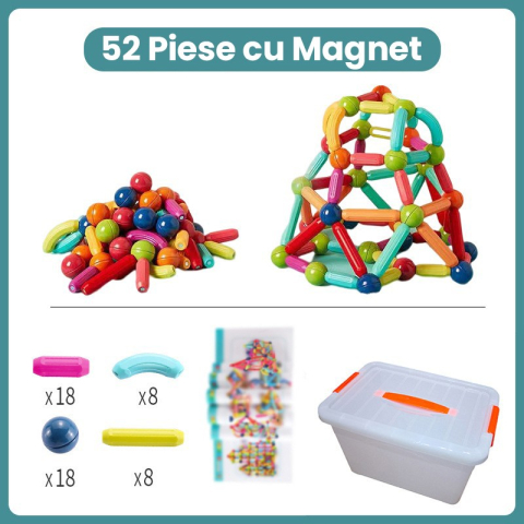 Set piese magnetice, 52 piese multicolor, plastic cu magneti integrati, constructii 2D si 3D [1]