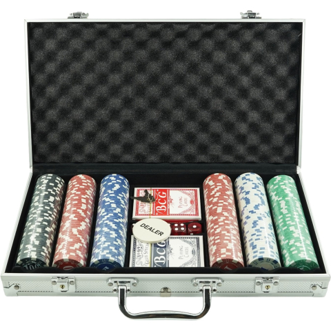 Articole de petrecere - Set poker cu 300 jetoane, 2 seturi carti plastic, 5 zaruri, servieta aluminiu 39x7x27 cm