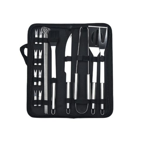 Outdoor & Camping - Set ustensile pentru gratar, 18 piese, otel inoxidabil, geanta Oxford argintiu