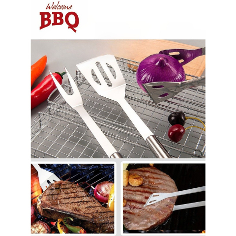 Set ustensile pentru gratar, 20 piese, otel inoxidabil, geanta Oxford argintiu [7]