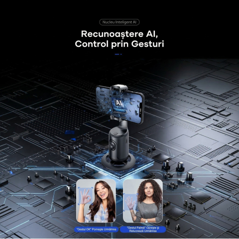 Stabilizator pentru telefon, AI face tracking, rotire 360 grade, aluminiu, negru [2]
