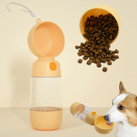 Sticla portabila pentru animale, 2 in 1 cu maner, ABS, 400 ml apa si 182 ml hrana, galben [2]