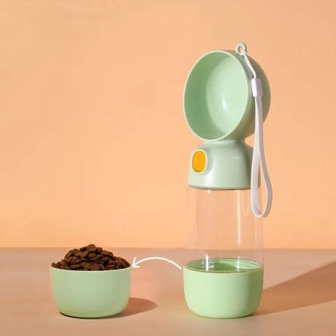 Sticla portabila pentru apa si hrana animale, 2 in 1, cu maner ergonomic, din ABS, 400 ml/182 ml, verde [1]