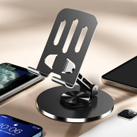 Suport birou pentru telefon sau tableta, pliabil, metal, rotire 360°, gri [4]