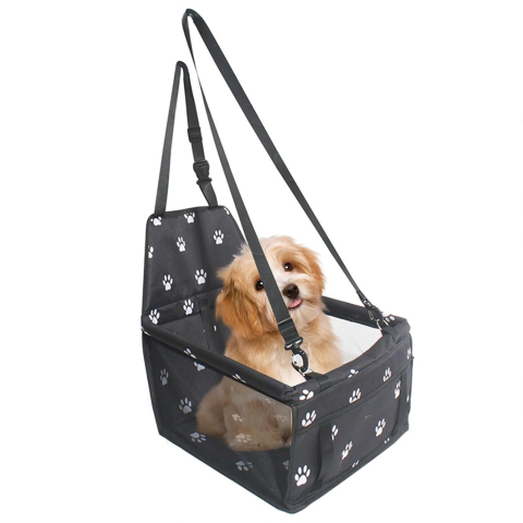 Animale de companie - Suport pentru animale de companie, cu prindere de scaun si centura, 40x32x42 cm, negru cu imprimeu