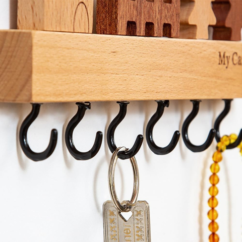 Suport pentru chei, model casuta, lemn natural, aplicare fara perforare, 6 carlige negre [2]